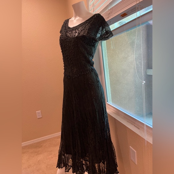 VTG  Y2K JASMINE BY KVM  Black Lace sheer Gothic Maxi Dress Beaded Trim Flapper - Picture 9 of 17